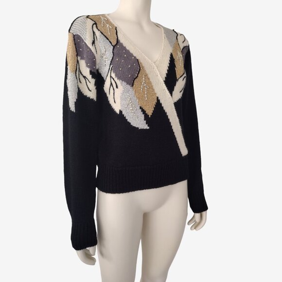 Vintage 90s Gold Silver Metallic Leaf Pattern Acrylic Knit Beaded Sweater - Picture 2 of 10